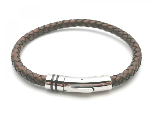 Brown Leather Bracelet Polished Steel Clasp