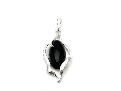 Silver Oval Black Whitby Jet Pendant 46mm