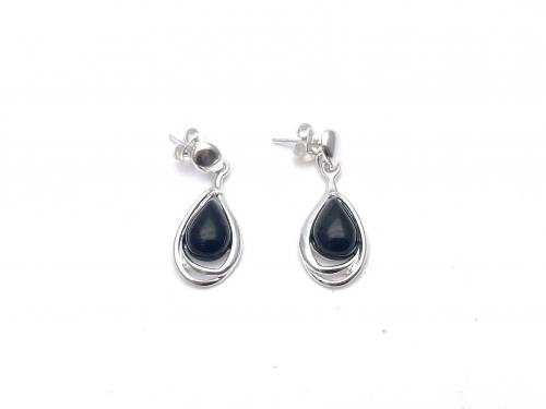 Silver Black Whitby Jet Drop Stud Earrings