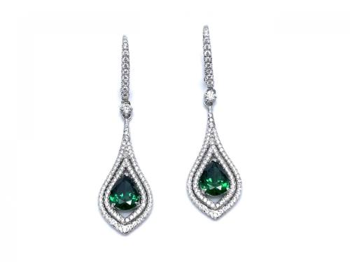 Silver Green & White CZ Fancy Drop Stud Earrings