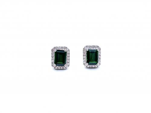 Silver Green & White CZ Emerald Cut Halo Studs