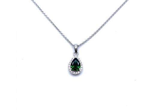 Silver Green & White CZ Peardrop Pendant & Chain