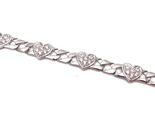 Silver CZ Heart Curb Bracelet 7 Inch