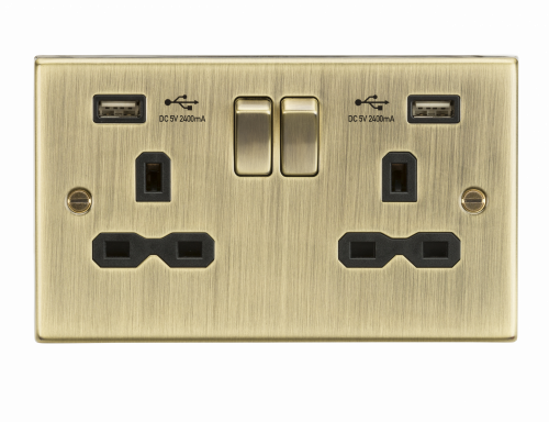 Knightsbridge13A 2G Switched Socket Dual USB Charger (2.4A) with Black Insert - Square Edge Antique Brass - (CS9224AB)