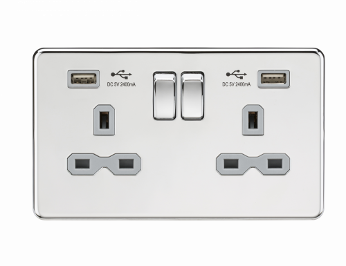 Knightsbridge 13A 2G Switched Socket with Dual USB Charger (2.4A) - Polished Chrome with Grey Insert - (SFR9224PCG)