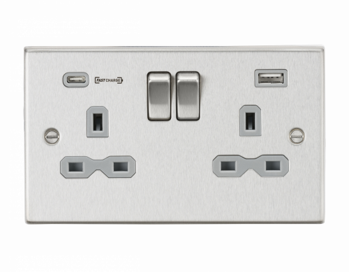 Knightsbridge 13A 2G DP Switched Socket with Dual USB Charger (Type-C FASTCHARGE port) - Brushed Chrome/Grey (CS9909BCG )