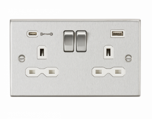 Knightsbridge 13A 2G DP Switched Socket with Dual USB Charger (Type-C FASTCHARGE port) - Brushed Chrome/White (CS9907BCW)
