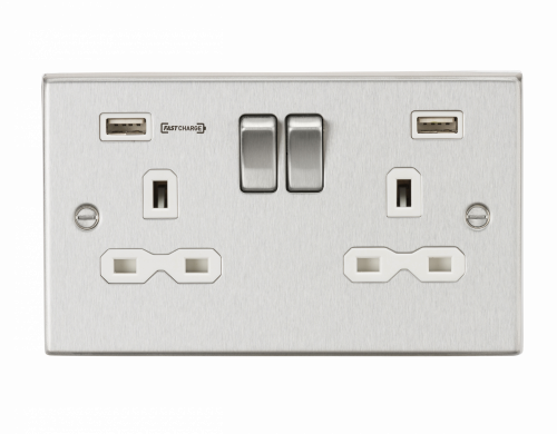 Knightsbridge 13A 2G DP Switched Socket with Dual USB Charger (Type-A FASTCHARGE port) - Brushed Chrome/White (CS9906BCW)