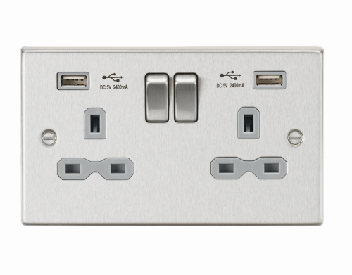 Knightsbridge 13A 2G Switched Socket Dual USB Charger (2.4A) with Grey Insert - Square Edge Brushed Chrome - (CS9224BCG)
