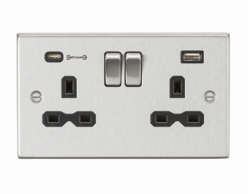 Knightsbridge 13A 2G DP Switched Socket with Dual USB Charger (Type-C FASTCHARGE port) - Brushed Chrome/Black (CS9907BC)
