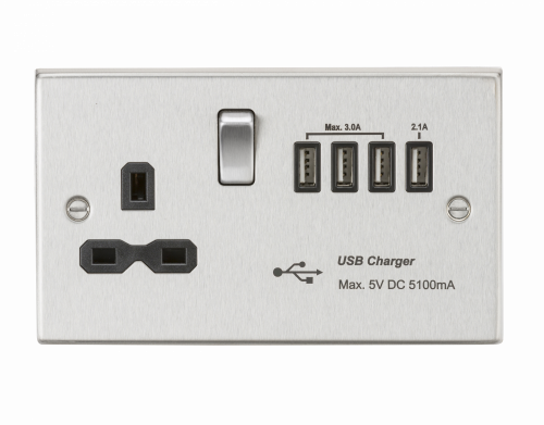 Knightsbridge 13A switched socket with quad USB charger (5.1A) - brushed chrome with black insert - (CS7USB4BC)