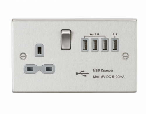 Knightsbridge 13A switched socket with quad USB charger (5.1A) - brushed chrome with grey insert - (CS7USB4BCG)