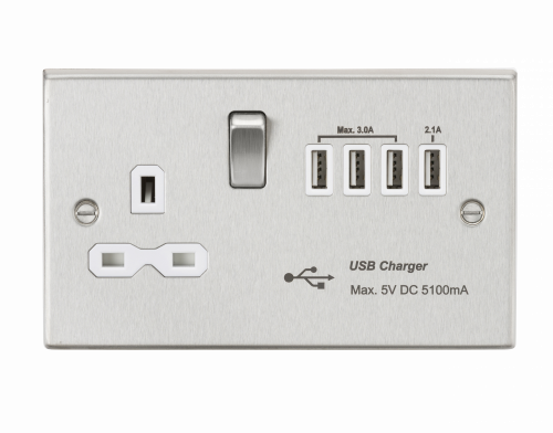 Knightsbridge 13A switched socket with quad USB charger (5.1A) - brushed chrome with white insert - (CS7USB4BCW)