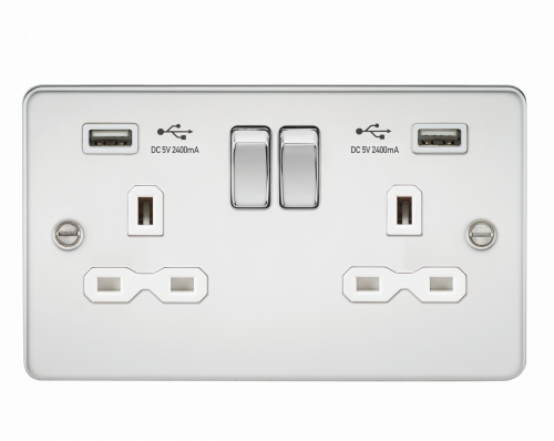 Knightsbridge Flat plate 13A 2G switched socket with dual USB charger (2.4A) - polished chrome with white insert - (FPR9224PCW)