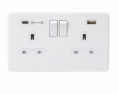 Knightsbridge 13A 2G DP Switched Socket with Dual USB Charger (Type-C FASTCHARGE port) - Matt White (SFR9909MW)