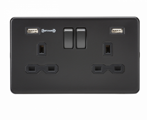 Knightsbridge 13A 2G DP Switched Socket with Dual USB Charger (Type-A FASTCHARGE port) - Matt Black (SFR9906MBB)