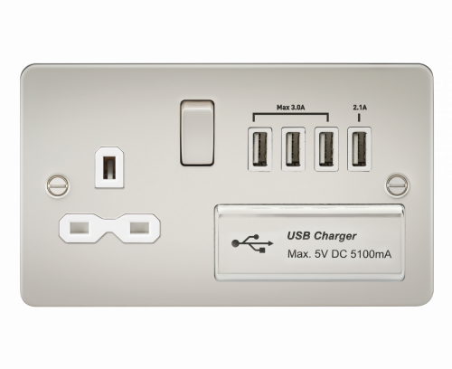 Knightsbridge Flat plate 13A switched socket with quad USB charger - pearl with white insert - (FPR7USB4PLW)