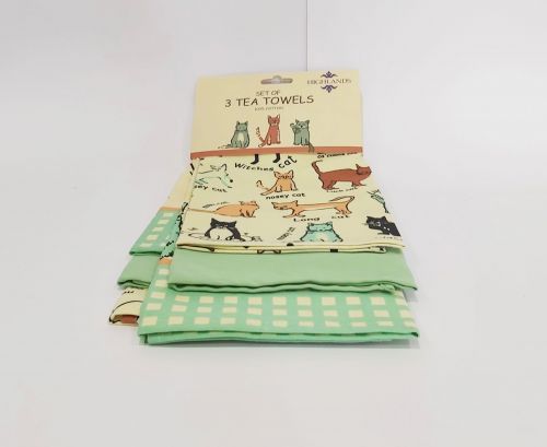 Happy Cat Collection - Set of 3 Tea Towels - 100% Cotton - Highlands