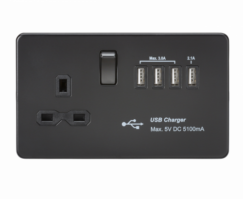 Knightsbridge Screwless 13A switched socket with quad USB charger (5.1A) - Matt Black (SFR7USB4MBB)