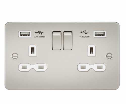 Knightsbridge Flat plate 13A 2G switched socket with dual USB charger (2.4A) - pearl with white insert - (FPR9224PLW)