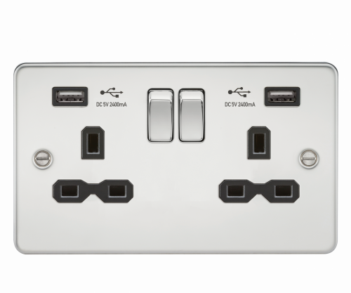 Knightsbridge Flat plate 13A 2G switched socket with dual USB charger (2.4A) - polished chrome with black insert - (FPR9224PC)