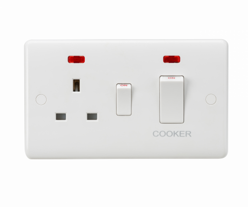 Knightsbridge Curved Edge 45A DP Cooker Switch and 13A Socket with Neons (White Rocker) (CU8333NW)