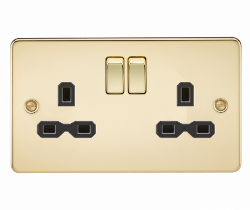 Knightsbridge Flat plate 13A 2G DP switched socket - polished brass with black insert (FPR9000PB)