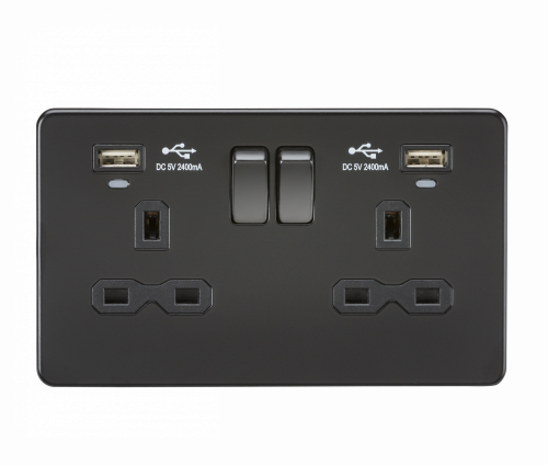 Knightsbridge 13A 2G Switched Socket, Dual USB (2.4A) with LED Charge Indicators - Matt Black (SFR9904NMBB)