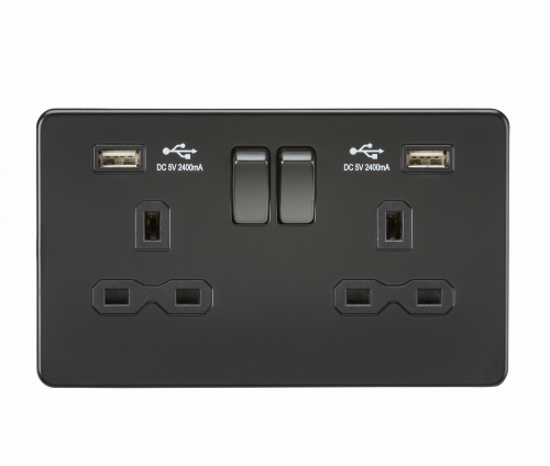 Knightsbridge 13A 2G Switched Socket with Dual USB Charger (2.4A) - Matt Black ( SFR9224MBB)