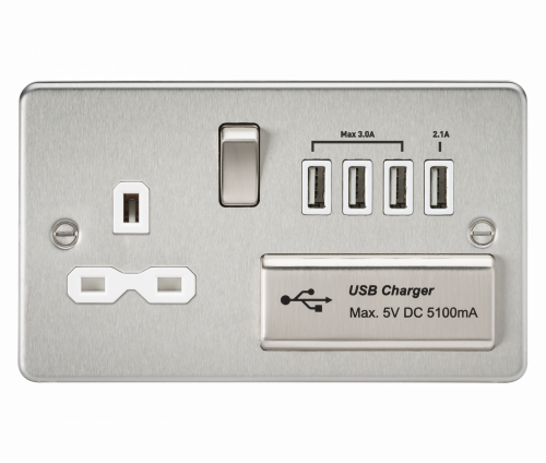 Knightsbridge Flat plate 13A switched socket with quad USB charger - brushed chrome with white insert (FPR7USB4BCW)