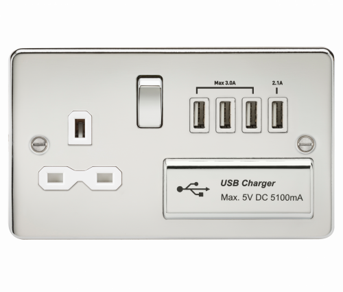 Knightsbridge Flat plate 13A switched socket with quad USB charger - polished chrome with white insert - (FPR7USB4PCW)
