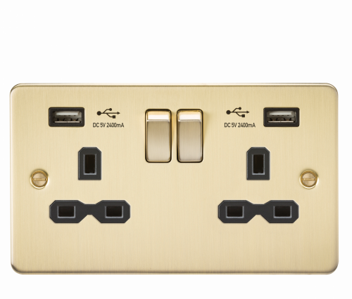 Knightsbridge Flat plate 13A 2G switched socket with dual USB charger (2.4A) - brushed brass with black insert (FPR9224BB)