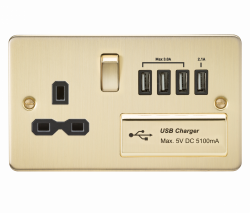 Knightsbridge Flat plate 13A switched socket with quad USB charger - brushed brass with black insert - (FPR7USB4BB)