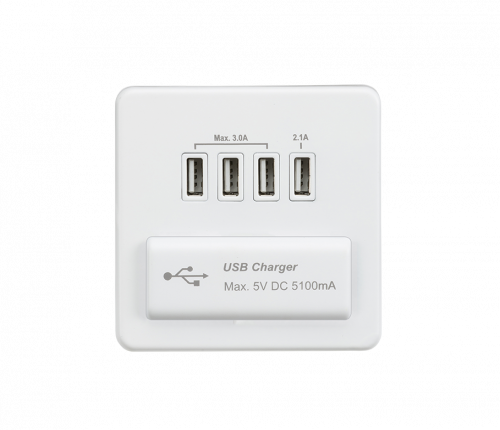 Knightsbridge Screwless Quad USB Charger Outlet (5.1A) - Matt White with White Insert -(SFQUADMW)