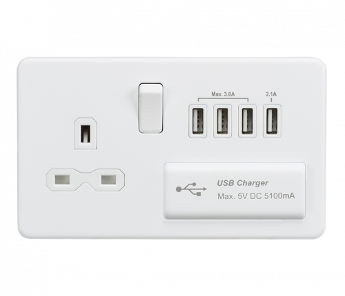Knightsbridge Screwless 13A switched socket with quad USB charger (5.1A) - matt white - (SFR7USB4MW)