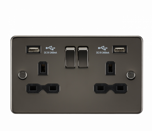 Knightsbridge Flat plate 13A 2G switched socket with dual USB charger (2.4A) - gunmetal with black insert - (FPR9224GM)