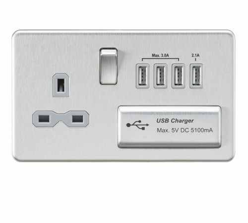 Knightsbridge Screwless 13A switched socket with quad USB charger (5.1A) - brushed chrome with grey insert - (SFR7USB4BCG)