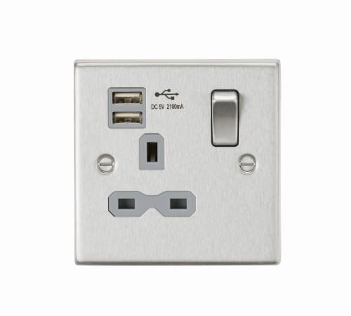 Knightsbridge 13A 1G Switched Socket Dual USB Charger (2.1A) with Grey Insert - Square Edge Brushed Chrome - (CS91BCG)