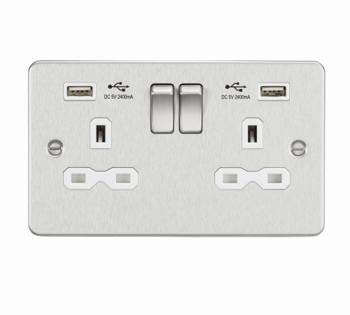 Knightsbridge Flat plate 13A 2G switched socket with dual USB charger (2.4A) - brushed chrome with white insert - (FPR9224BCW)