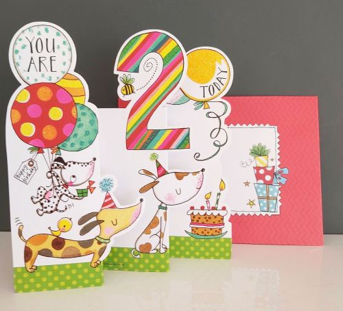 2nd Birthday Card - Girl Boy Kids - Dogs 3 Fold Glitter Die-cut Whippersnappers