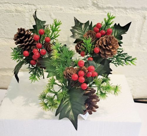 Red Berry Pine Cones Foliage Pick x 3 - 18cm - Sincere Christmas