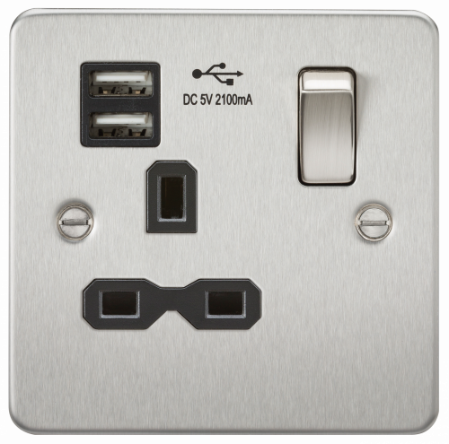 Knightsbridge Flat plate 13A 1G switched socket with dual USB charger (2.1A) - brushed chrome with black insert - (FPR9901BC)