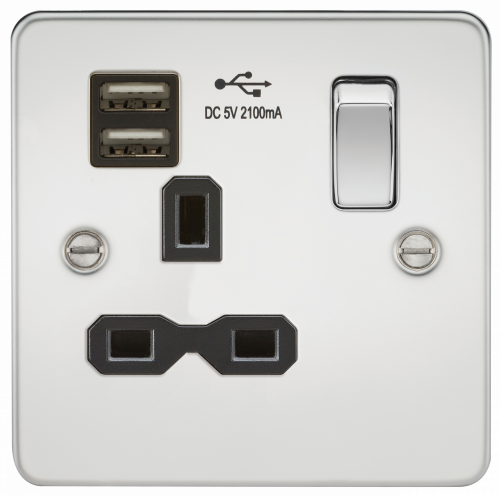 Knightsbridge Flat plate 13A 1G switched socket with dual USB charger (2.1A) - polished chrome with black insert - (FPR9901PC)