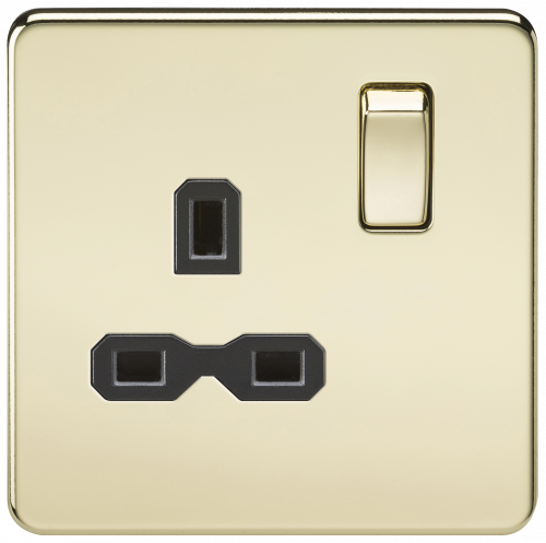 Knightsbridge Screwless 13A 1G DP switched socket - polished brass with black insert - (SFR7000PB)