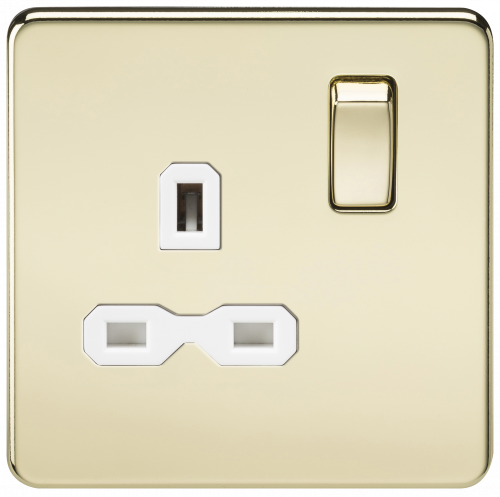 Knightsbridge Screwless 13A 1G DP switched socket - polished brass with white insert - (SFR7000PBW)