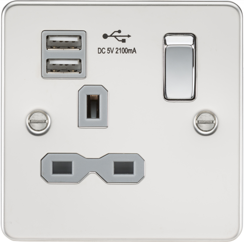 Knightsbridge Flat plate 13A 1G switched socket with dual USB charger (2.1A) - polished chrome with grey insert (FPR9901PCG)