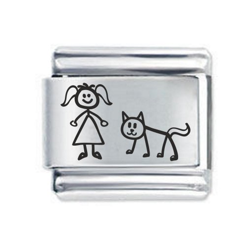 Daisy Charm - Etched Stick Girl & Cat * 9mm Classic Italian charm