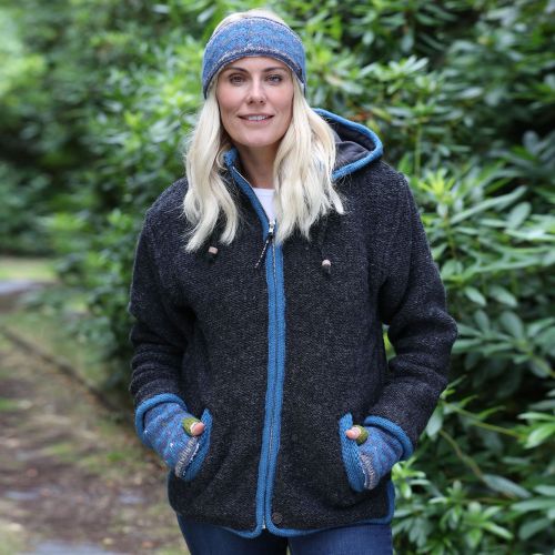 Pure wool - detachable hood - contrast trim - charcoal/blue