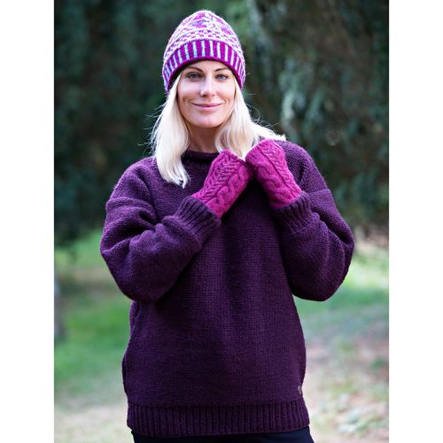 Handmade Pure Wool - cuff jumper - Aubergine