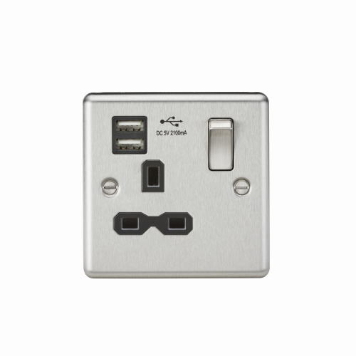 Knightsbridge 13A 1G Switched Socket Dual USB Charger Slots with Black Insert - Rounded Edge Brushed Chrome - (CL91BC)